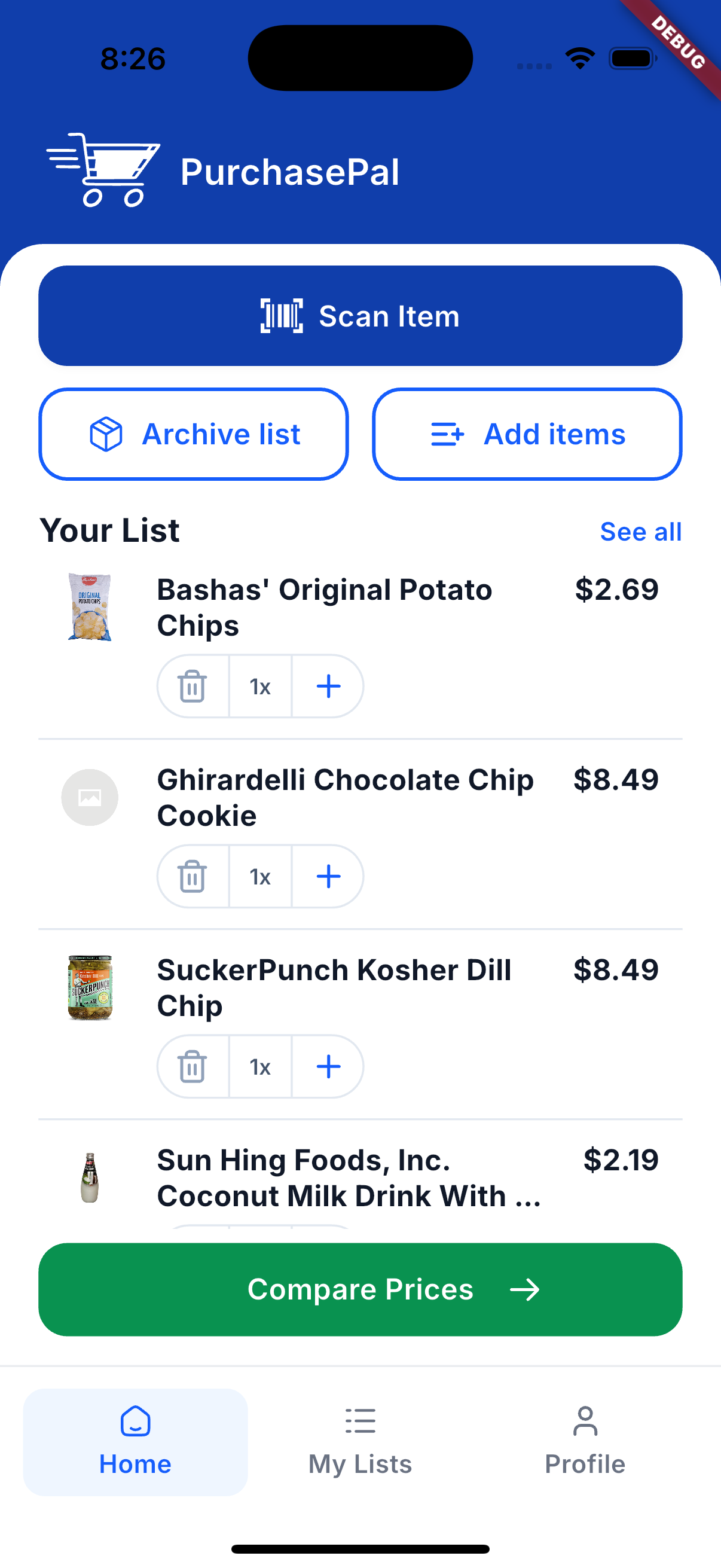 PurchasePal home screen with shopping list